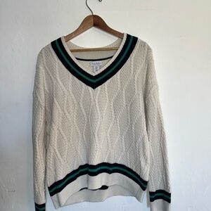 Nicole Miller Cream V-Neck Sweater with Green and Navy Trim